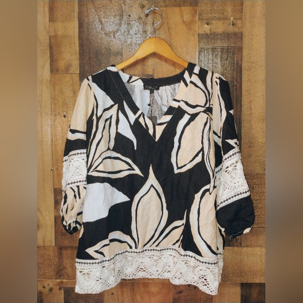 Rachel Zoe Black and White Floral Lace-Trim Blouse